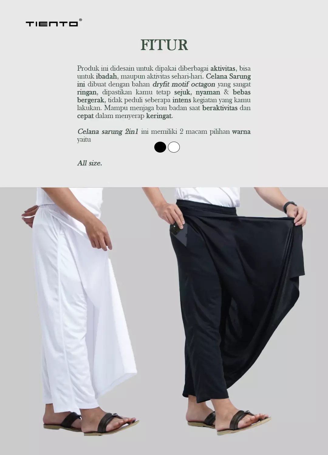 Tiento Set Nizam Baju Koko Lengan Panjang 3in1 Kurta Muslim Ciangi Kerja Sarung Celana 2in1 Saku Dry Fit Ibadah Salat Hitam dan Putih Ramadhan