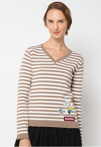 Belvie Stripe Patched Sweater Blouse in Brown