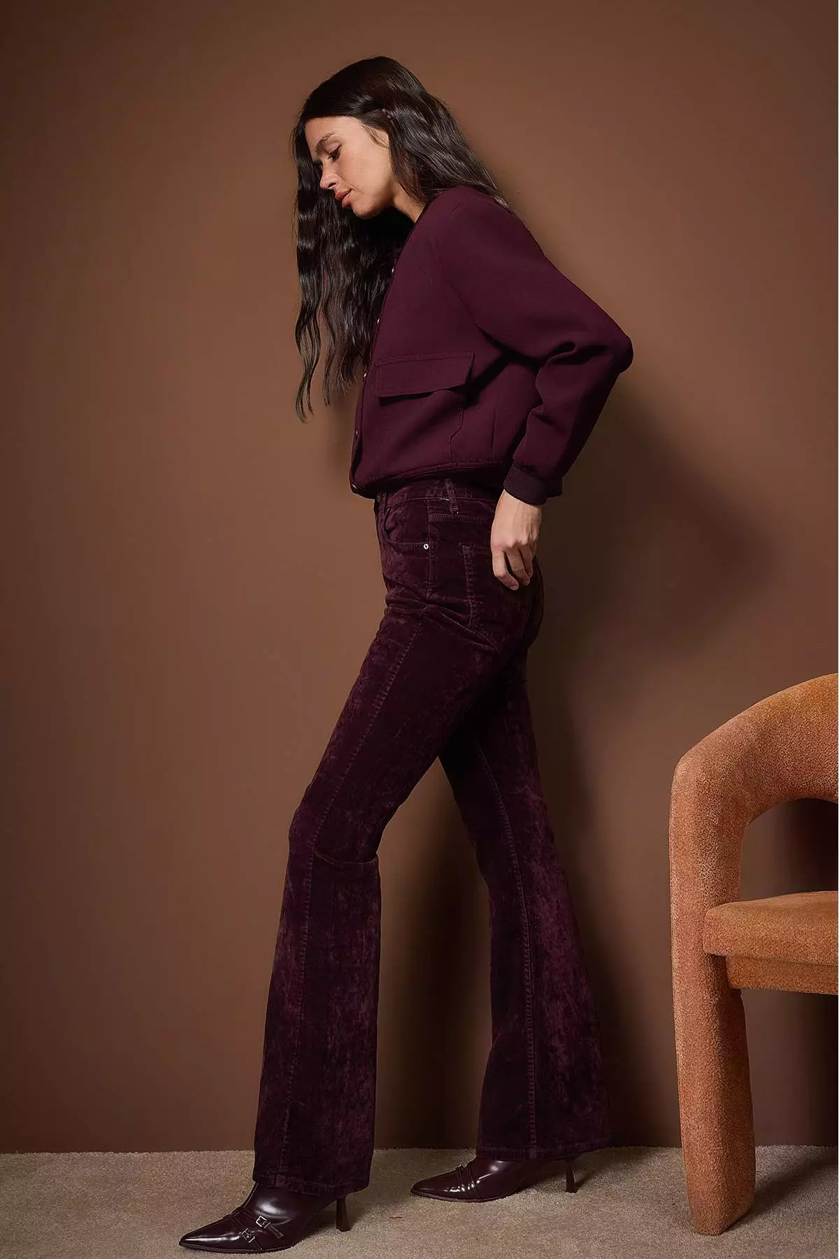 Burgundy Suede Look High Waist Comfort/Flexible Flare Jeans Twoaw26Je287