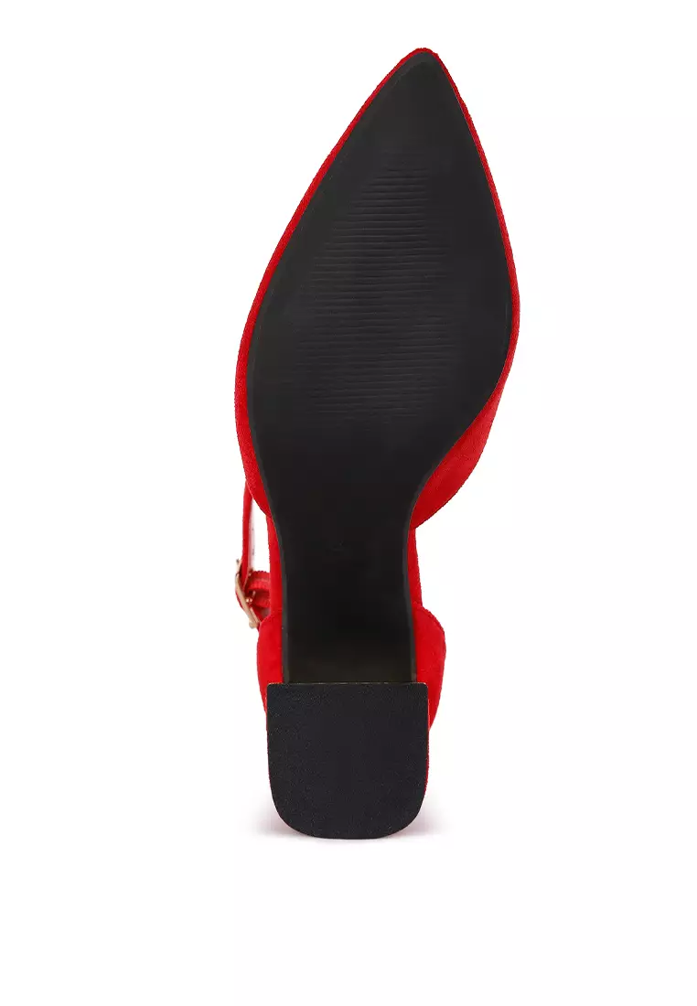 Sandal Bertumit Sudut Aksen Metalik Merah