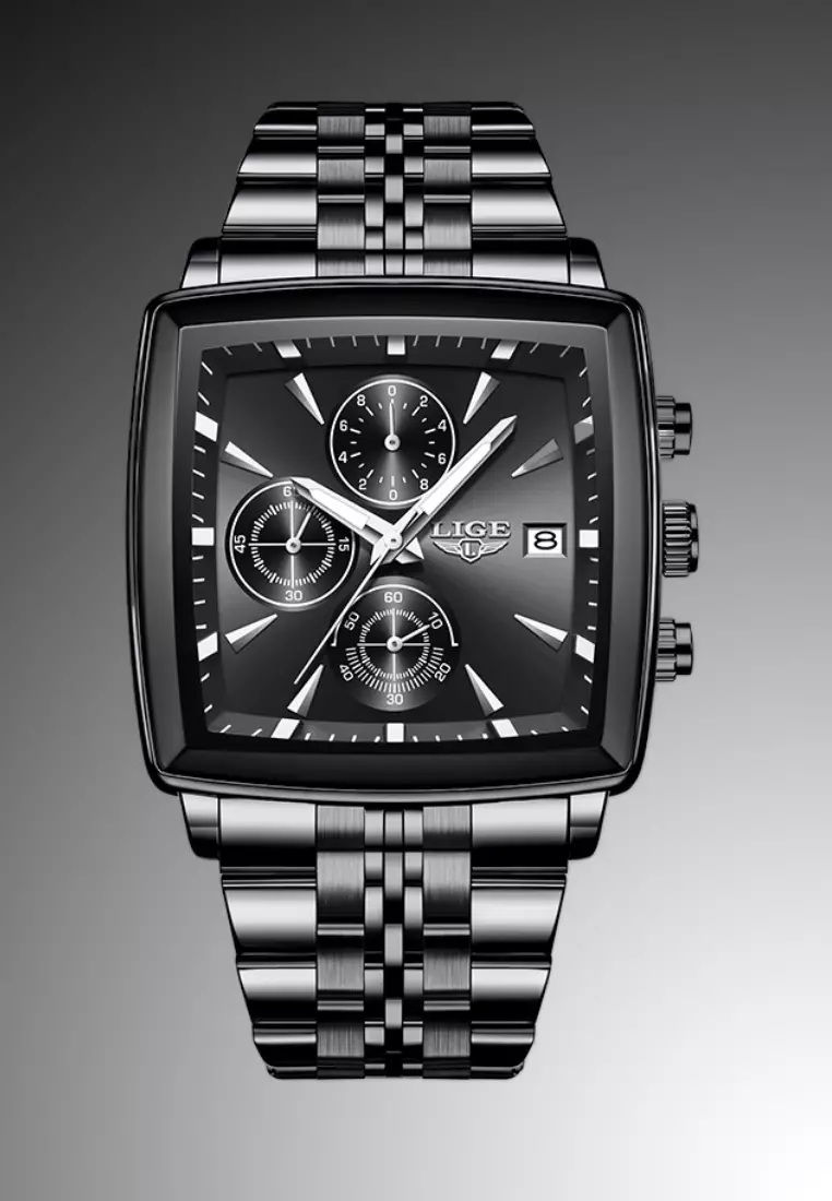 Chronograph Unisex IP Black Metal Alloy Quartz Watch 40X40mm, Black Dial, IP Black Stainless Steel Bracelet