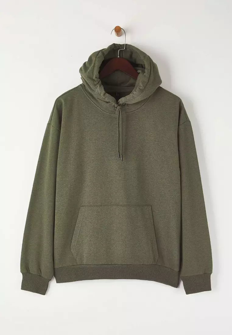 Khaki Oversize/Wide Cut Hooded Fleece/Warm Floral Printed Sweatshirt