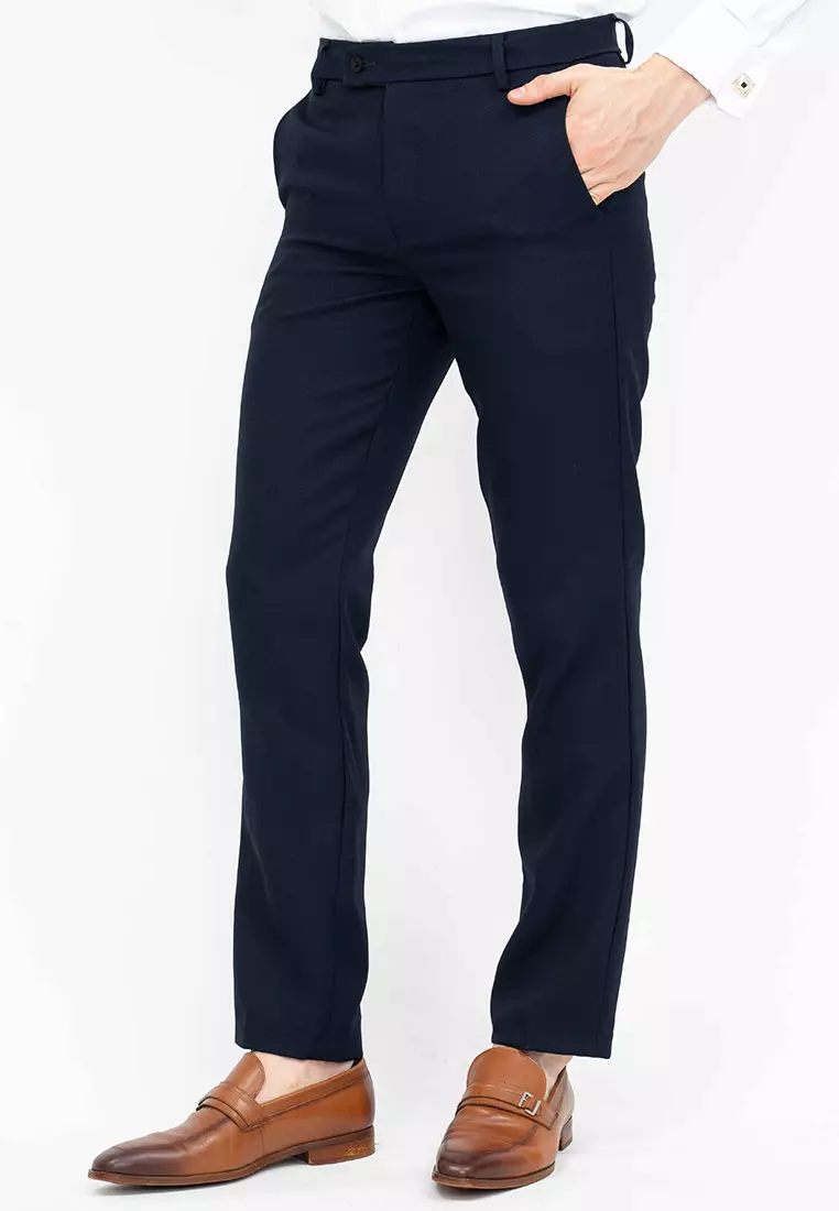 Celana panjang pria slim fit kerja formal button celana bahan stretch navy