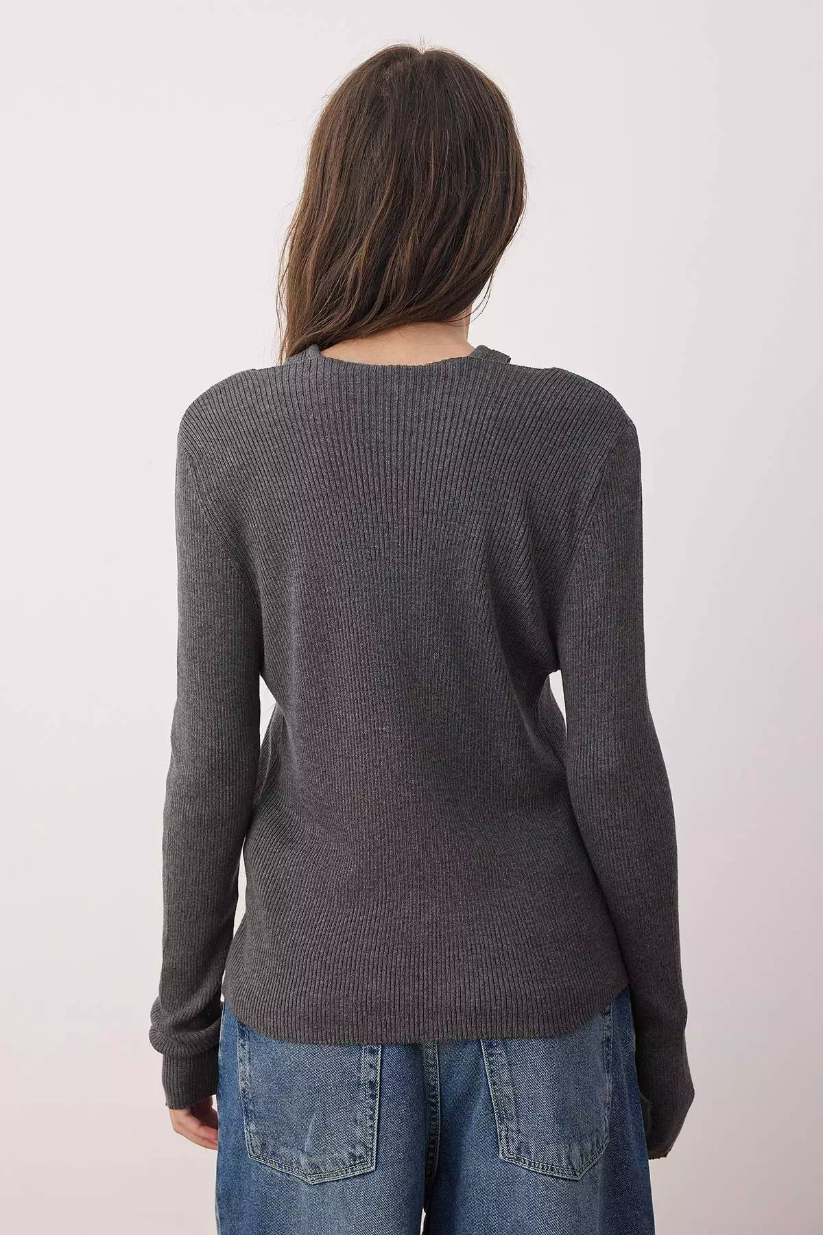 Anthracite V-Neck Mercerized Look Knitwear Cardigan-Blouse Set