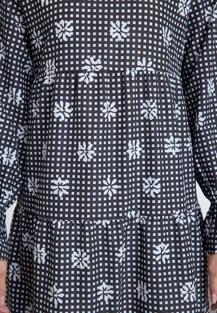 Gingham Floral Printed Sleeve Elastic Detailed Dress