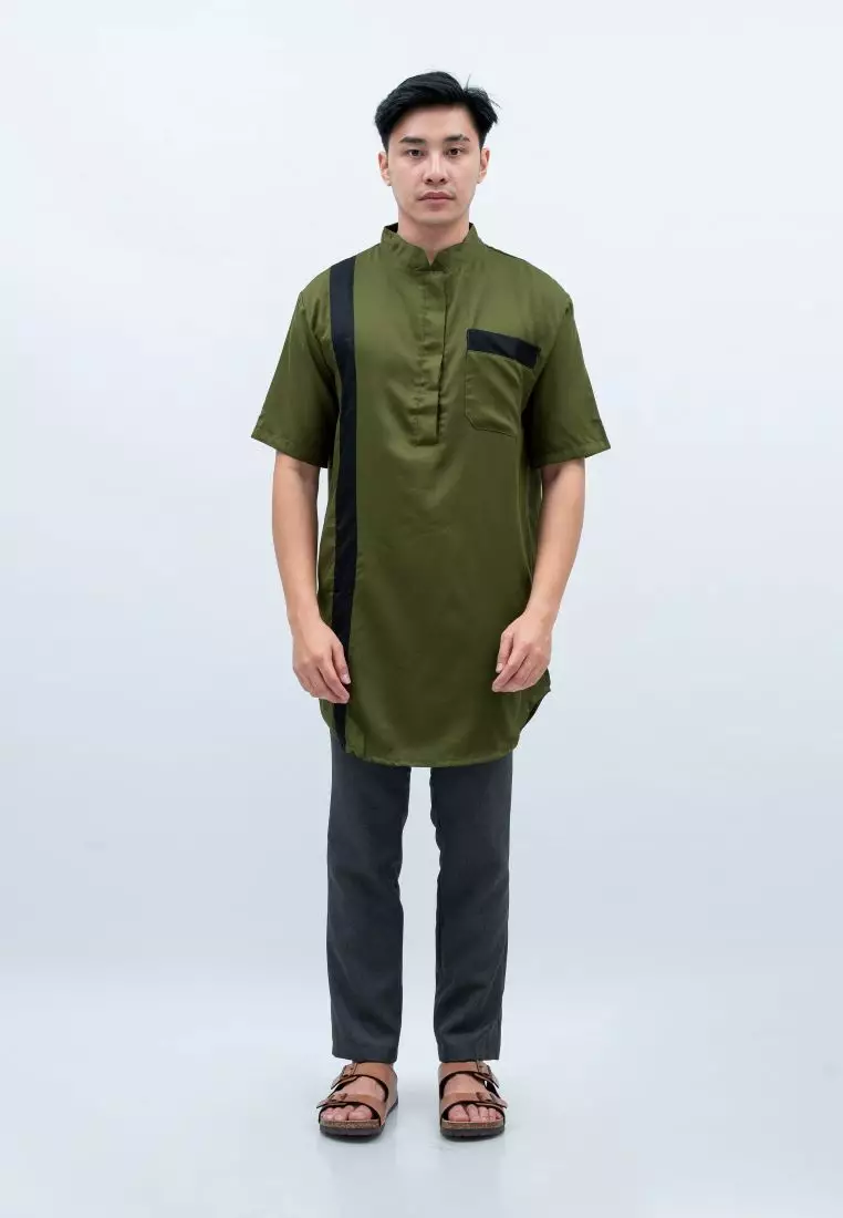 Baju Koko Kurta Pakistan Lengan Pendek Muslim Gamis Pria Houseofcuff H - HIJAU ARMY