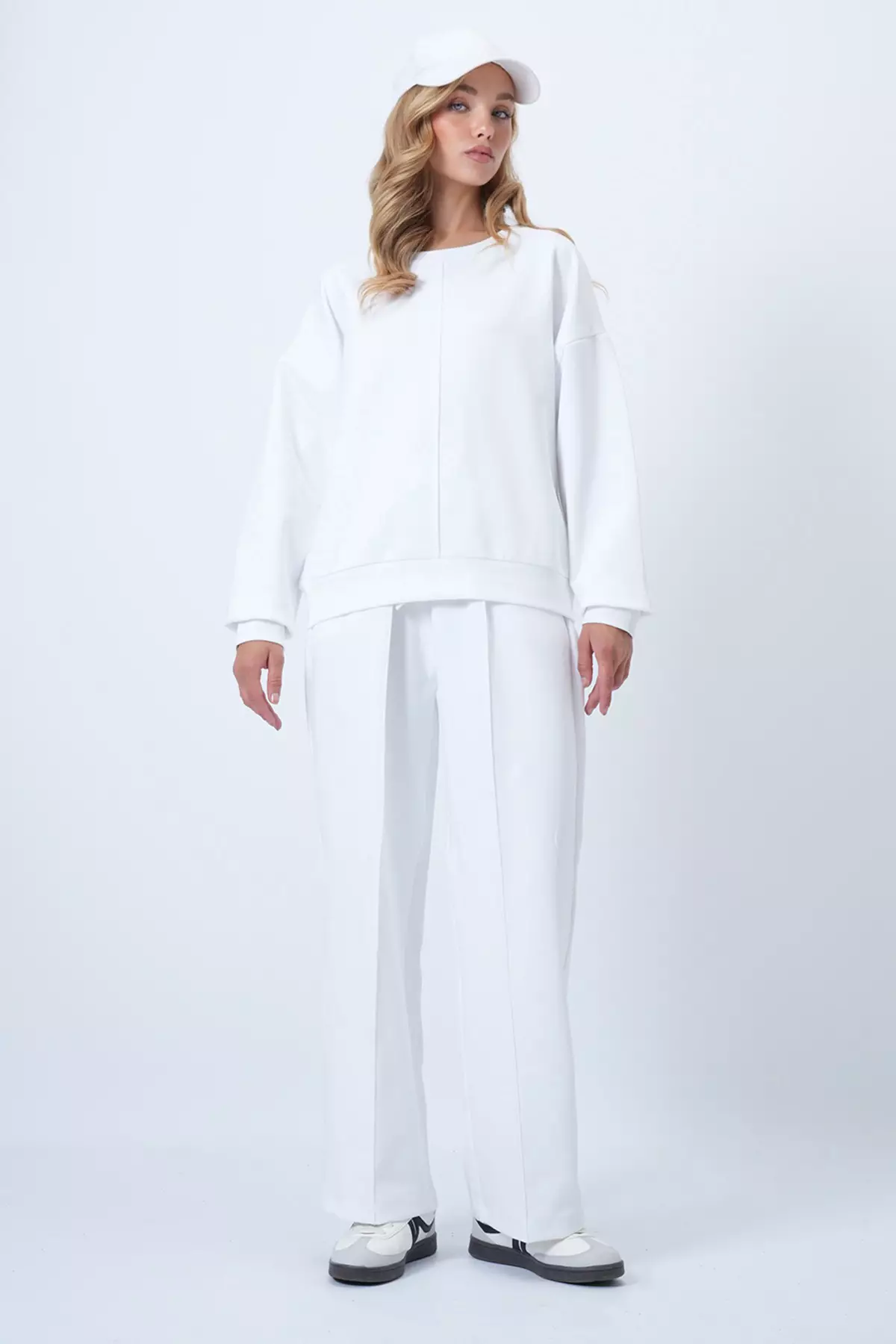 White Crew Neck Blouse With Ribbed Front And Double Pocket Trousers Set Alc-X14543