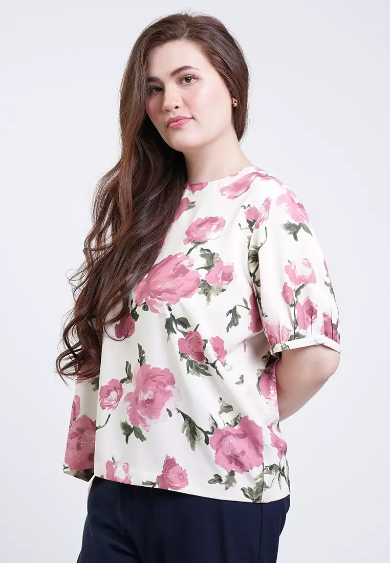 Milly Plus Size Alissa Puff Sleeve Boxy Floral Blouse