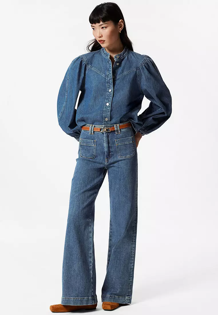 Puff-Sleeve Denim Blouse