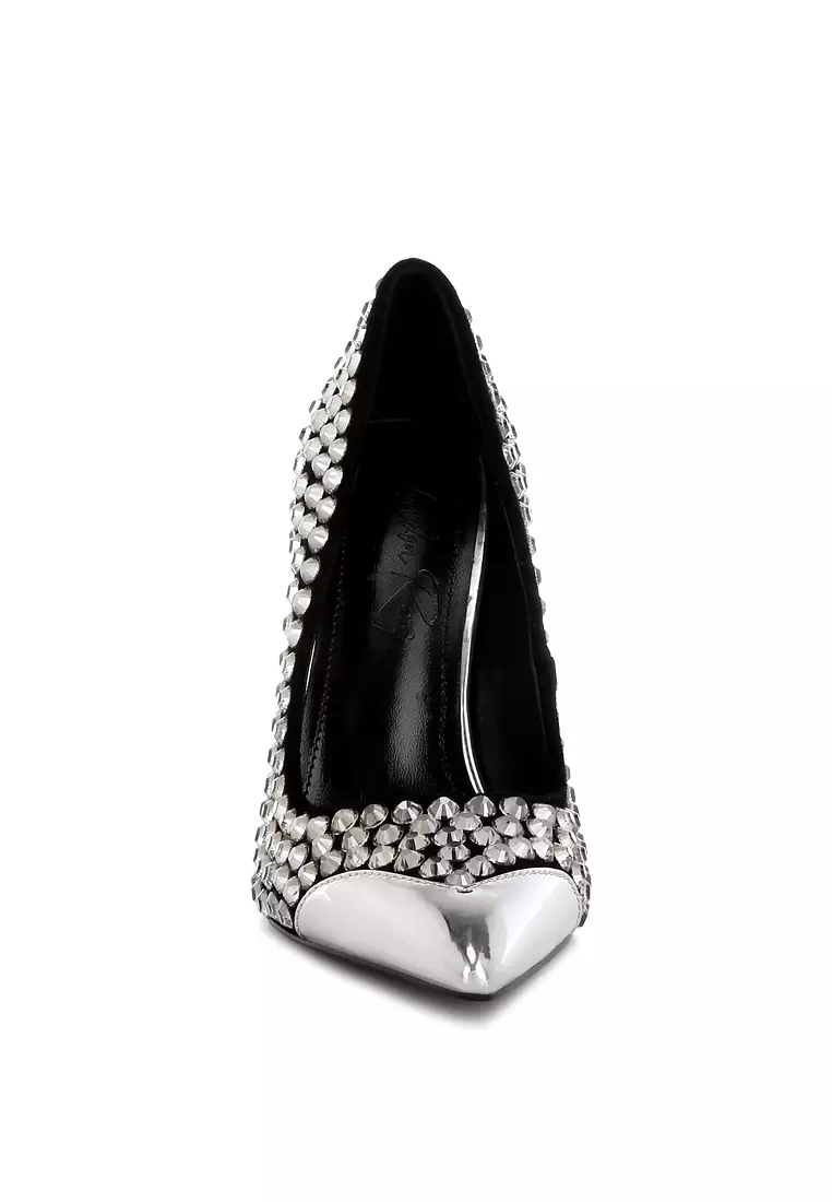 Pompa Stiletto Berhiasan Diamante Berwarna Hitam