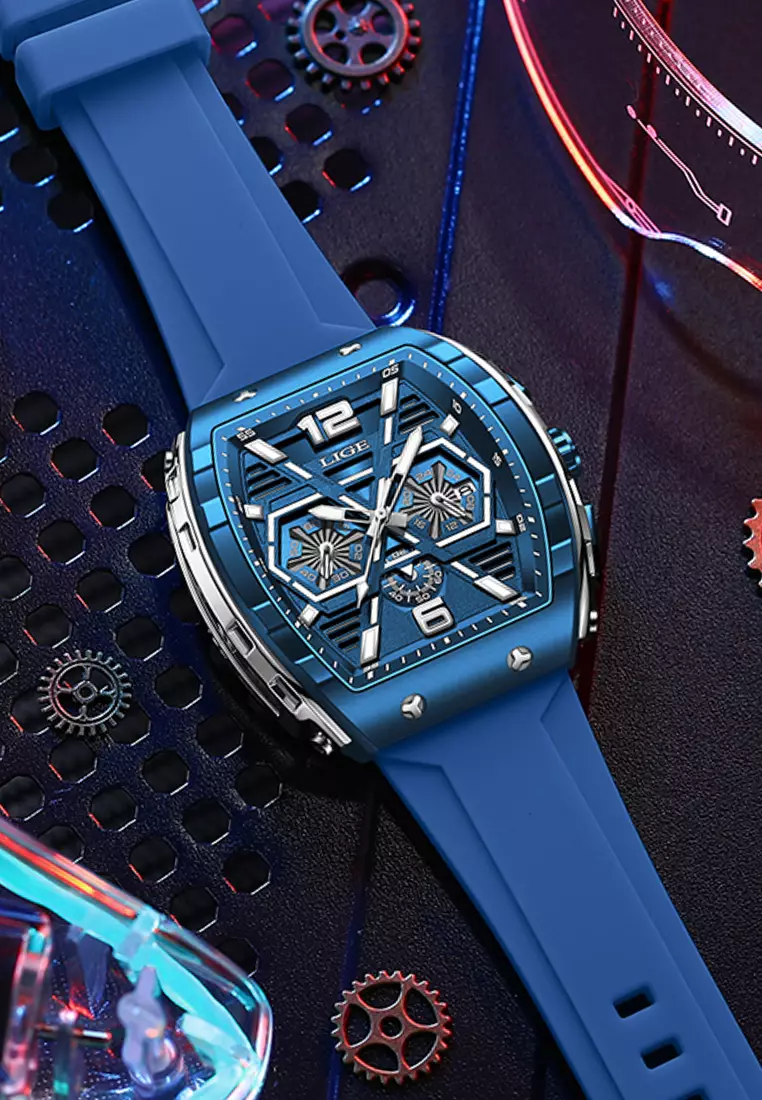 Unisex Tonneau Shaped IP Blue Quartz Watch on Rubber Strap