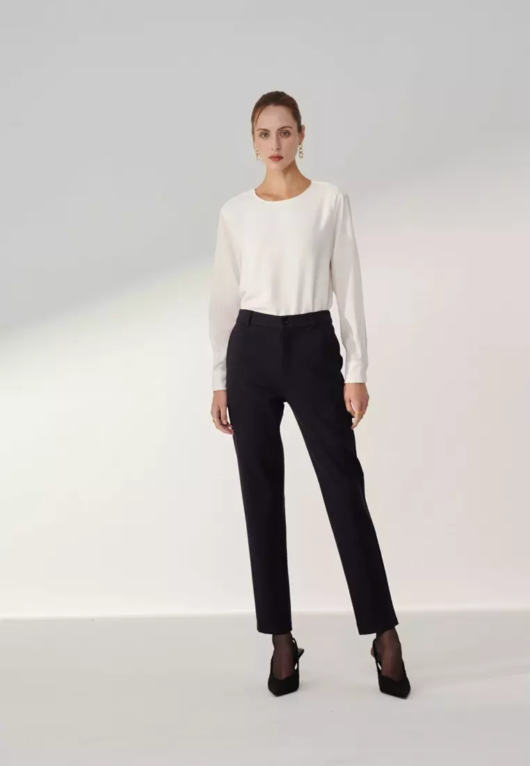 深藍低腰修身針織長褲