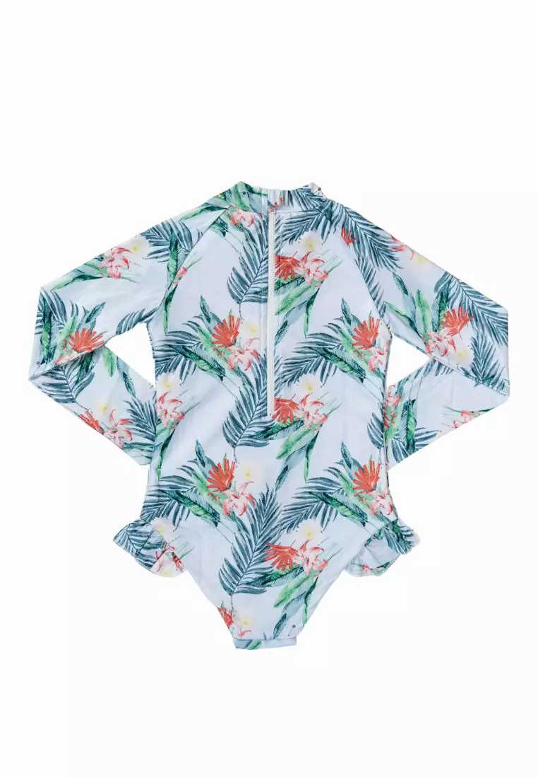 Coral Palm, Girls Long Sleeve Swim Suit