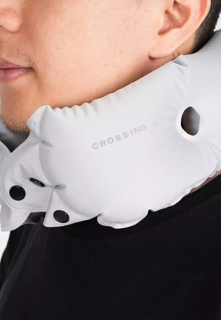 Crossing Inflatable Air Pump Neck Travel Pillow  Grey