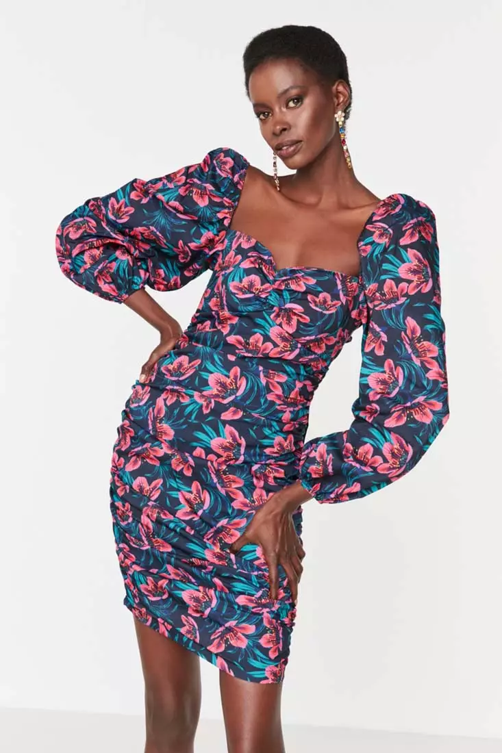 Floral balloon sleeve clearance dress