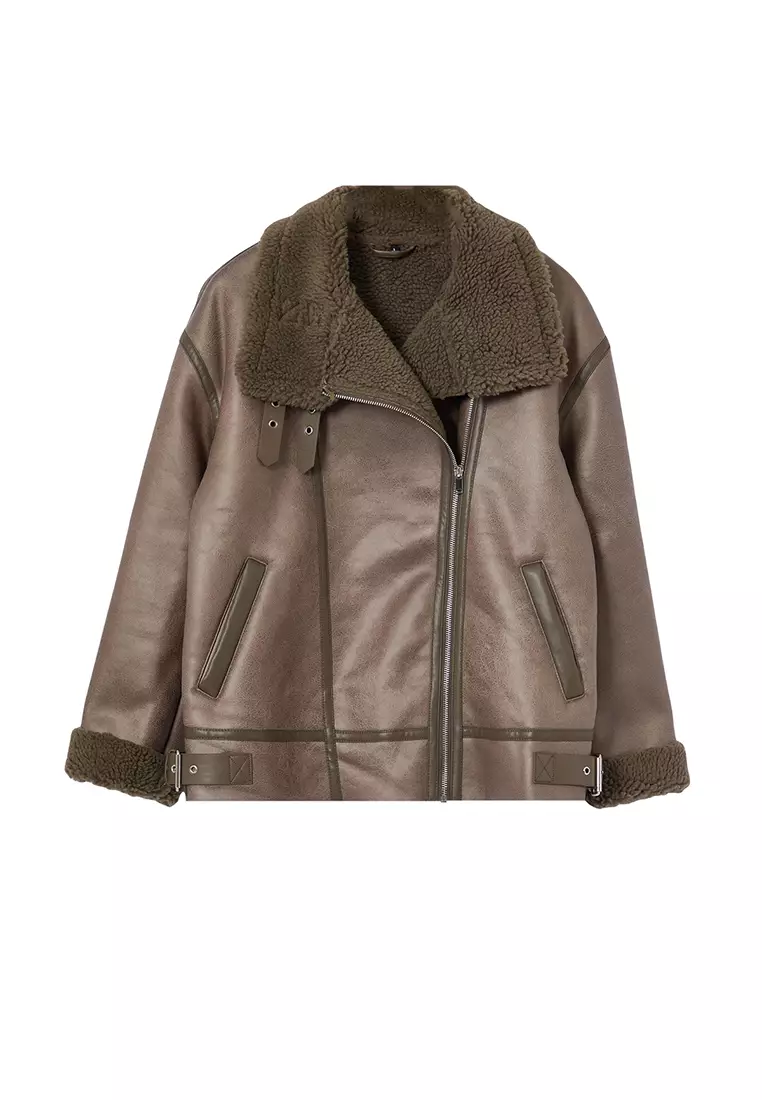 Mink Coat Collar with Belt Detail Plush Suede Biker Jacket Coat TWOAW25MO00011