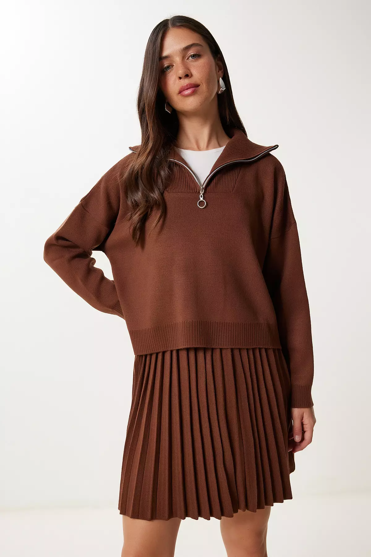 Women'S Brown Knitwear Sweater Skirt Set Pf00113
