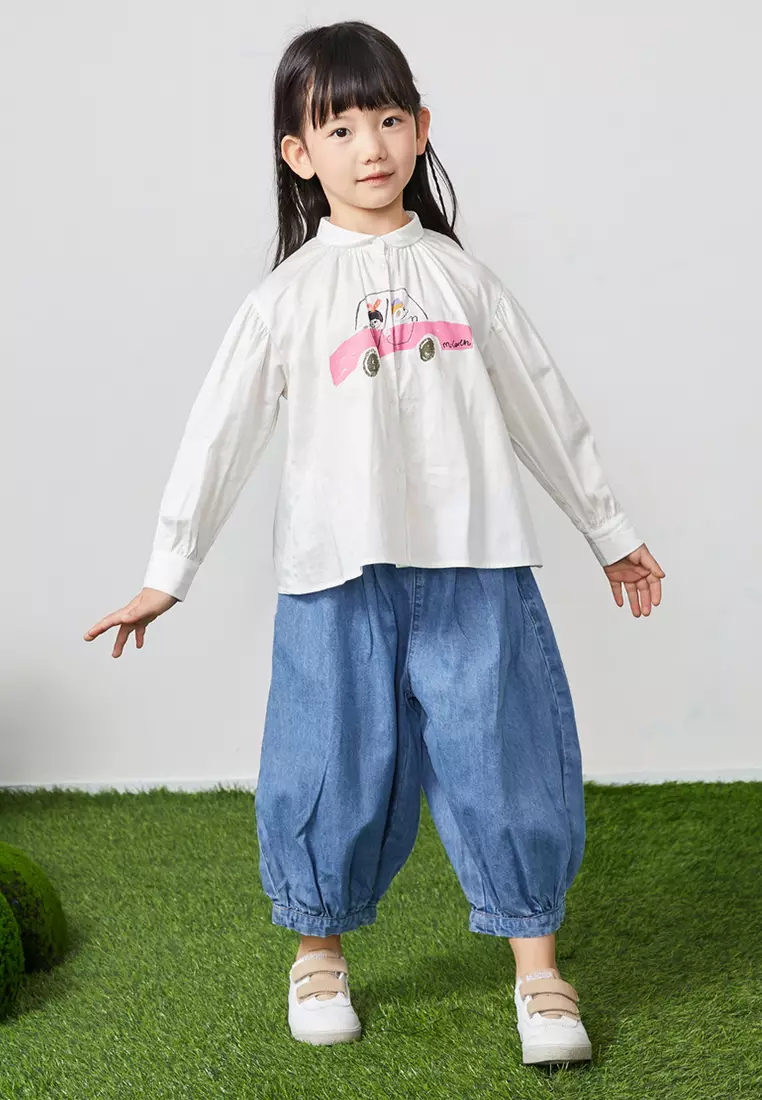 女大童牛仔长裤亮色蝴蝶结腰带设计阔腿裤