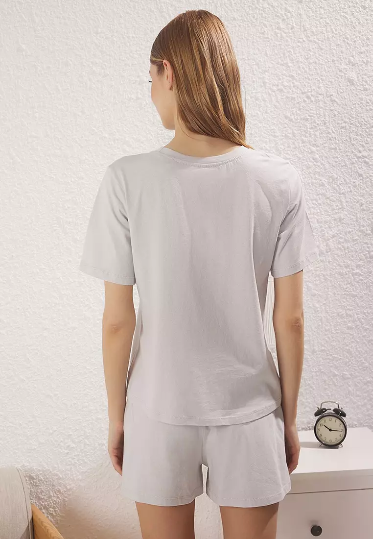 Light Grey 100% Cotton Ribbon/Bow Knitted Pajama Set With Shorts Thmss25Pt00376