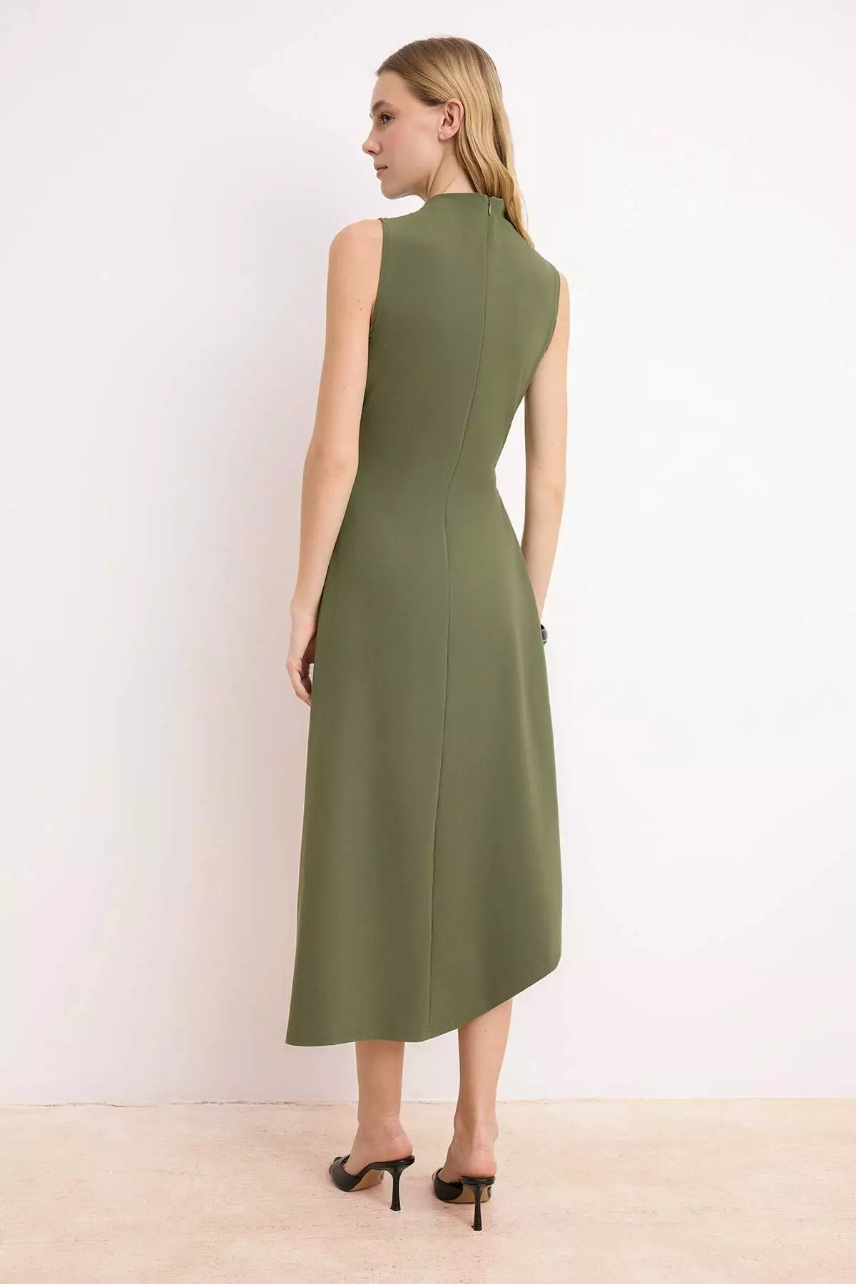 Khaki A-Line/Bell Form Asymmetrical Sleeveless Shirred Midi Paper Touch Knitted Dress Twoss26El156