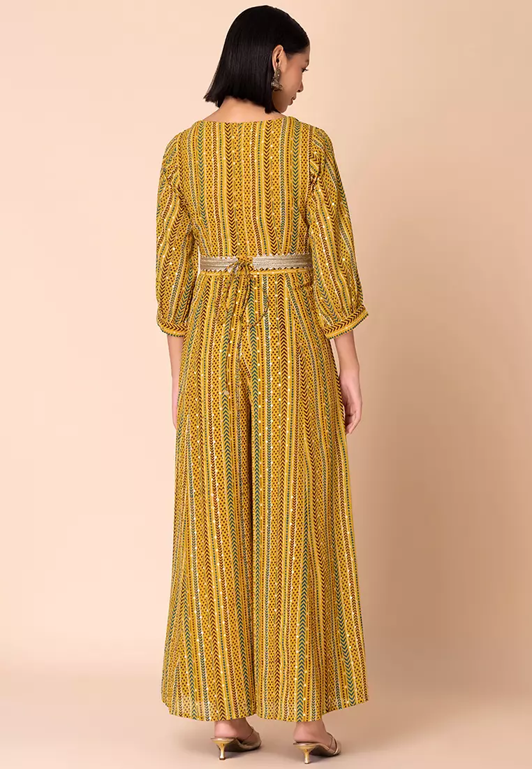 Buy Indya Mustard Yellow Foil Print Flared Jumpsuit With Belt (Set of 2
