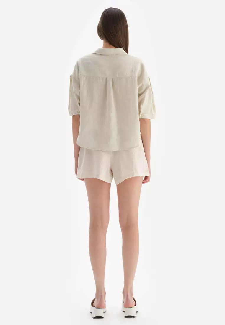 Beige Shirt, Shirt Collar, Long Sleeve Beachwear for Women