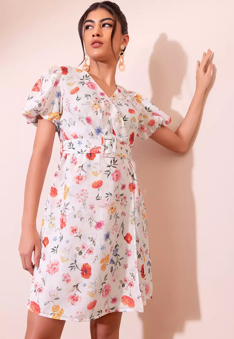 Buy FabAlley White Floral Print Puff Sleeve Wrap Dress With Buckle