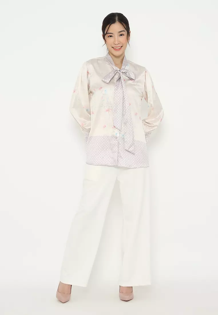 Monogram Blouse With Tape Detail Korean Look In Cream By Brilliant Girl Warna CREAM
