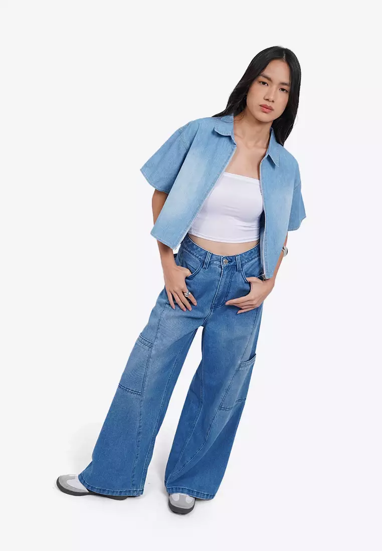 High Waist Cargo Denim Pants