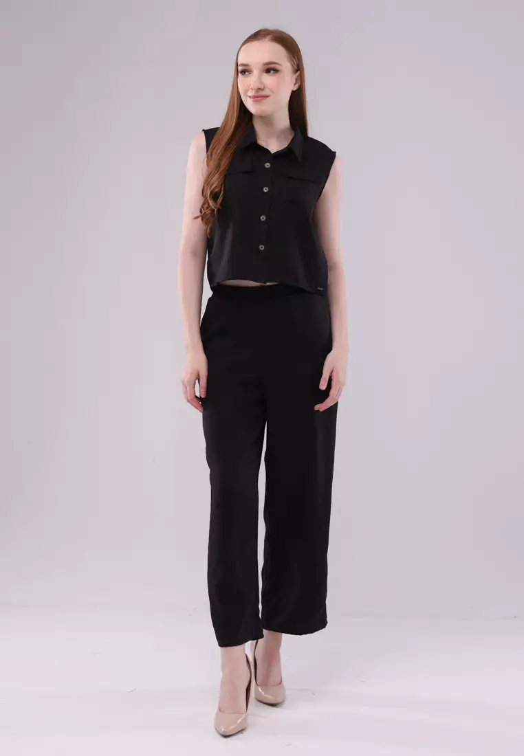 Plain Soft Wrinkled Woven Sleeveless Terno Pants