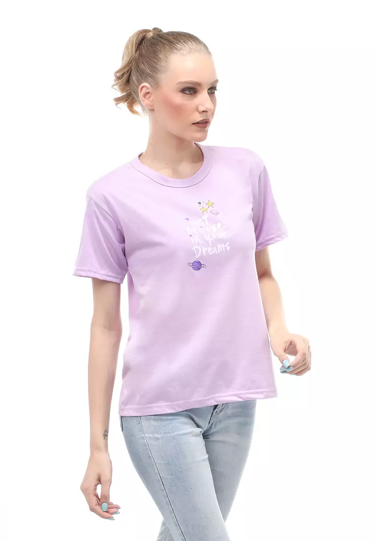 Heller Kaos Atasan Wanita Motif Print Short Sleeves Relaxed Fit - Lilac