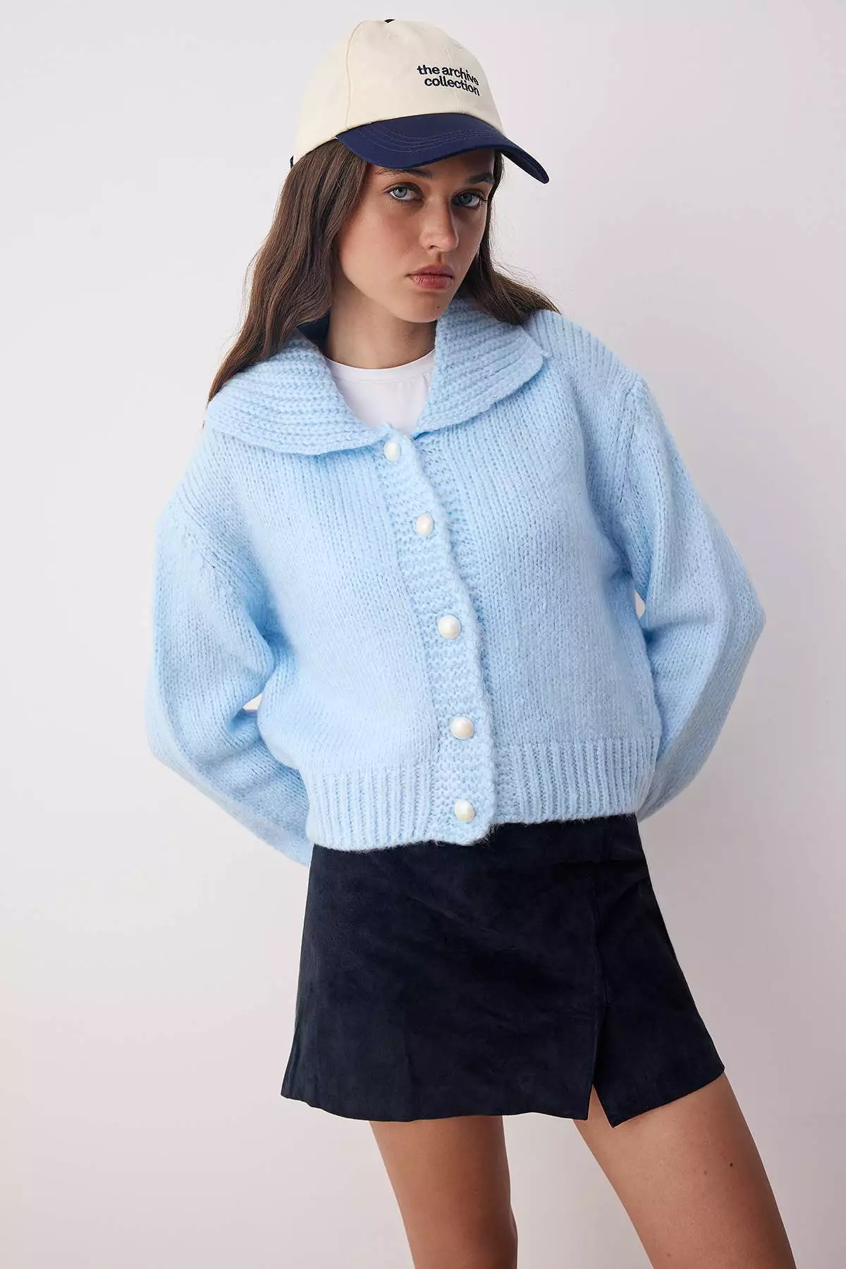 Blue Oversize/Wide Pattern Crop Knitwear Cardigan