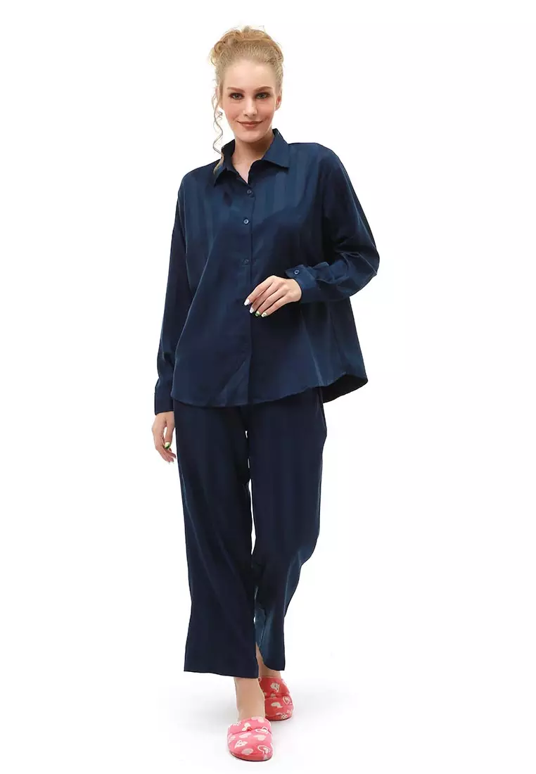 Vance Pajamas Salur Setelan Baju Tidur Wanita Lengan Panjang Material Cotton Silky ORIGINAL - Blue