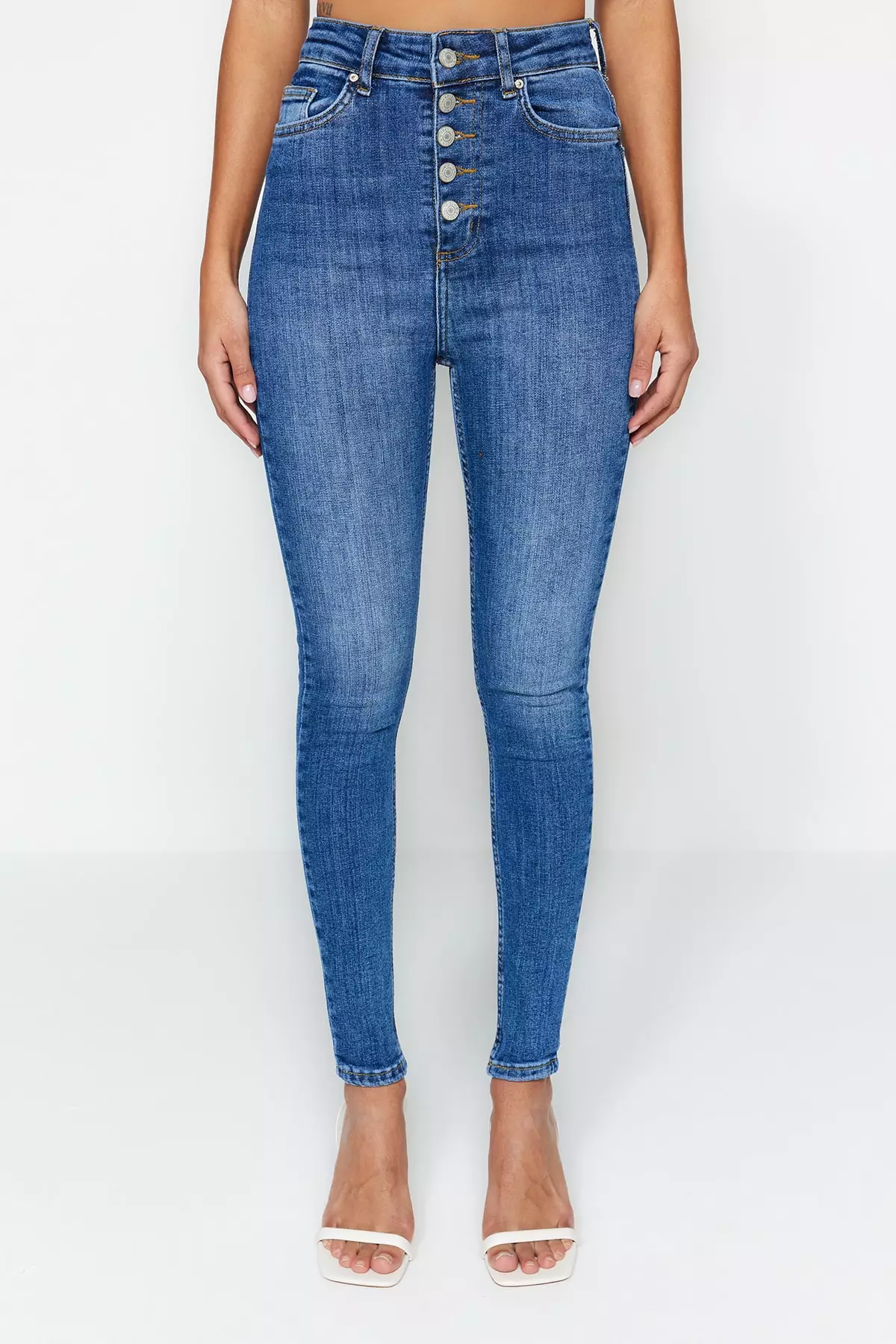 Front Button High Waist Skinny Jeans