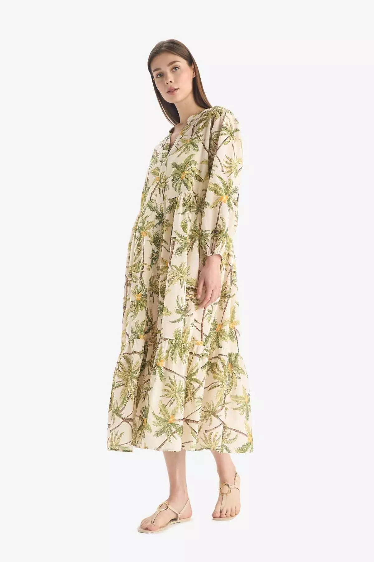 Tropical Print Long Sleeve Voile Beach Dress-Fall in Love E7745Ax25Sp