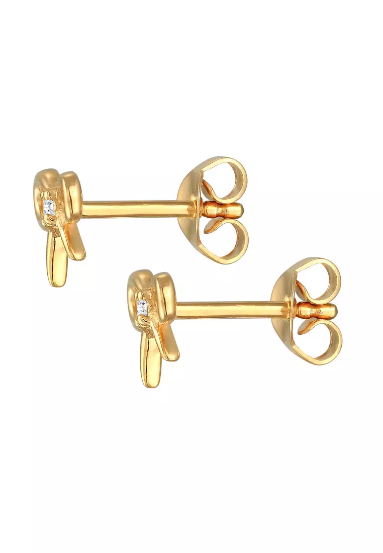 Anting Perhiasan Perak 925 Wanita Ribbon Zirconia Crystal Gold Plated