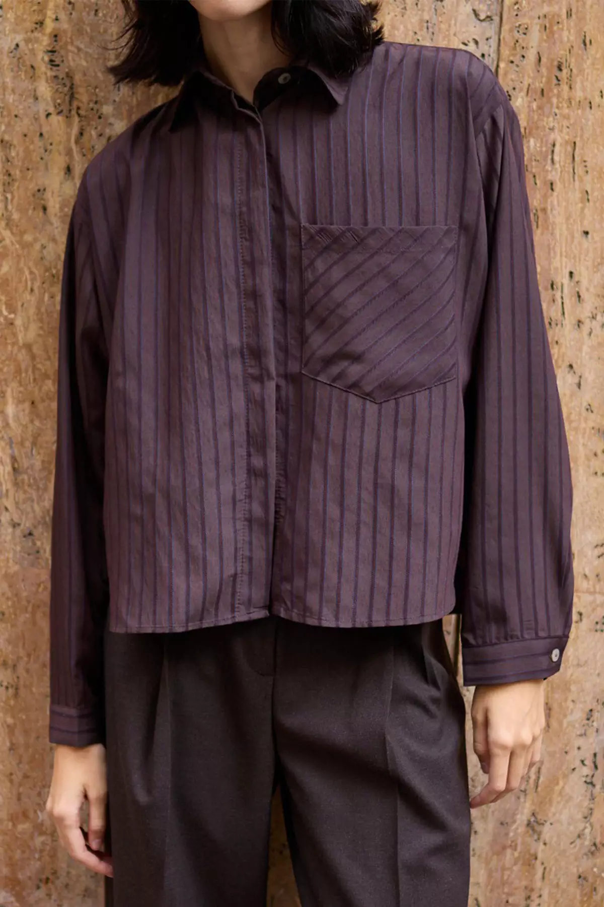 Brown Striped Oversized Woven Shirt Twoaw26Go138