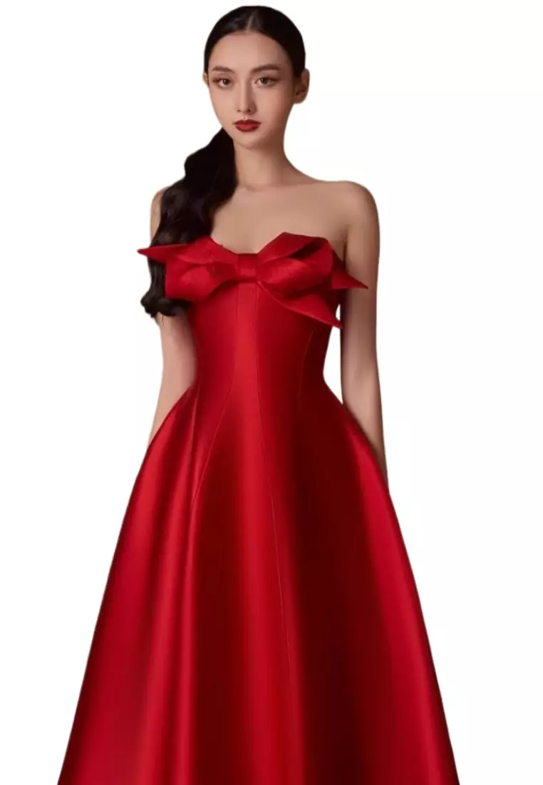 立體蝴蝶結抹胸晚禮服中長裙 CA26022425RD