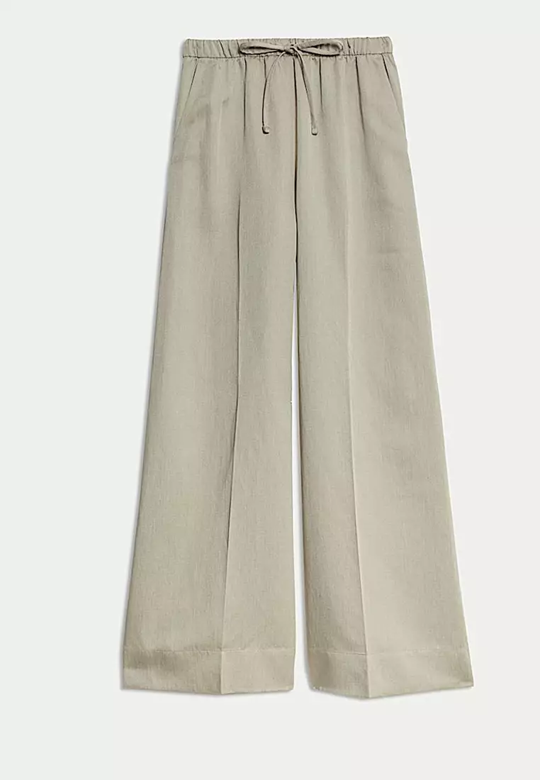 Linen Blend Twill Palazzo Trousers