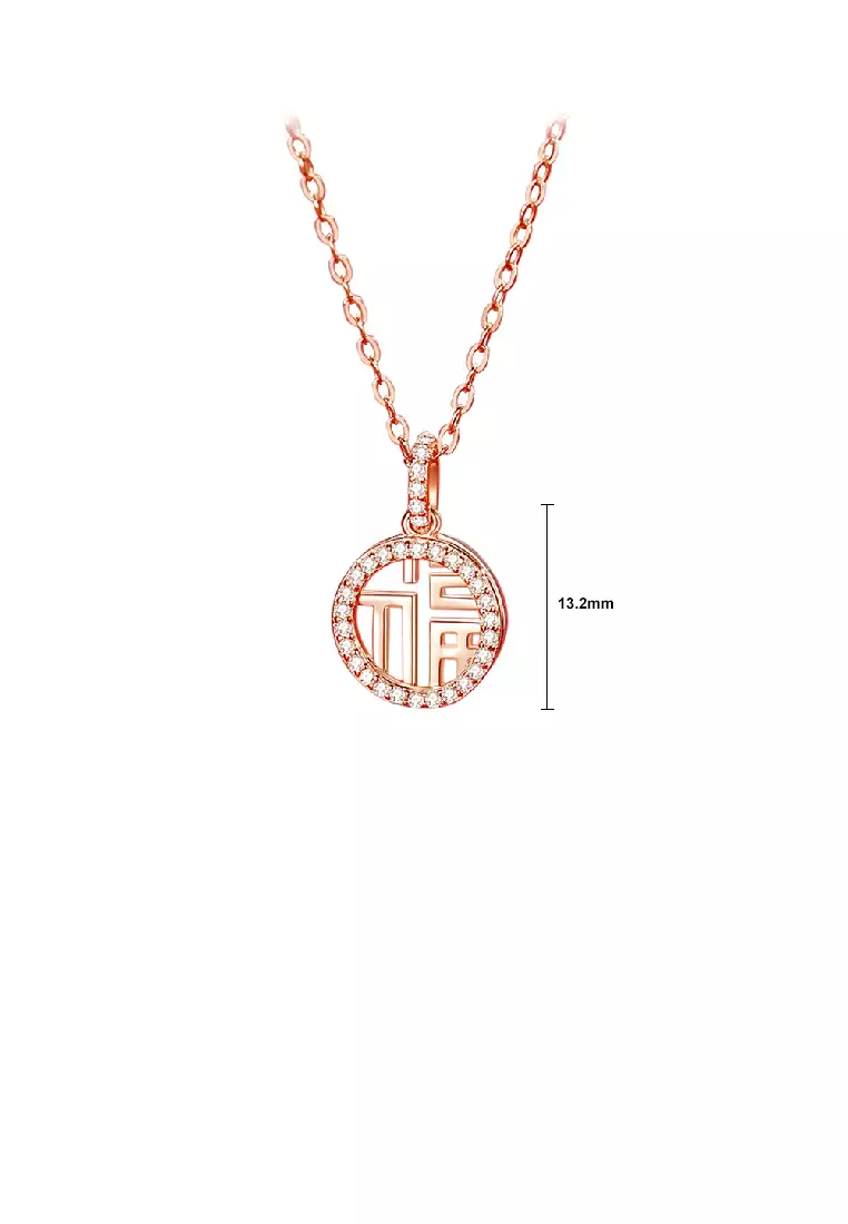 925 Sterling Silver Plated Rose Gold Fashion Vintage Chinese Character Of Luck Hollow Geometric Pendant with Cubic Zirconia and Necklace