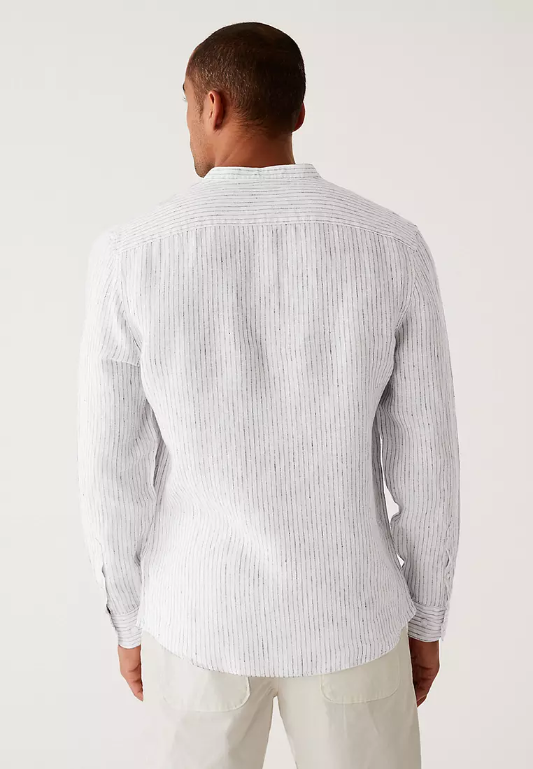 Pure Linen Striped Grandad Collar Shirt