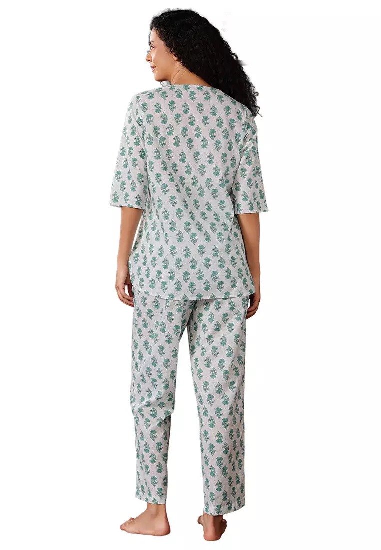 Clovia Pretty Florals Top & Pyjama in Teal Green - 100% Cotton