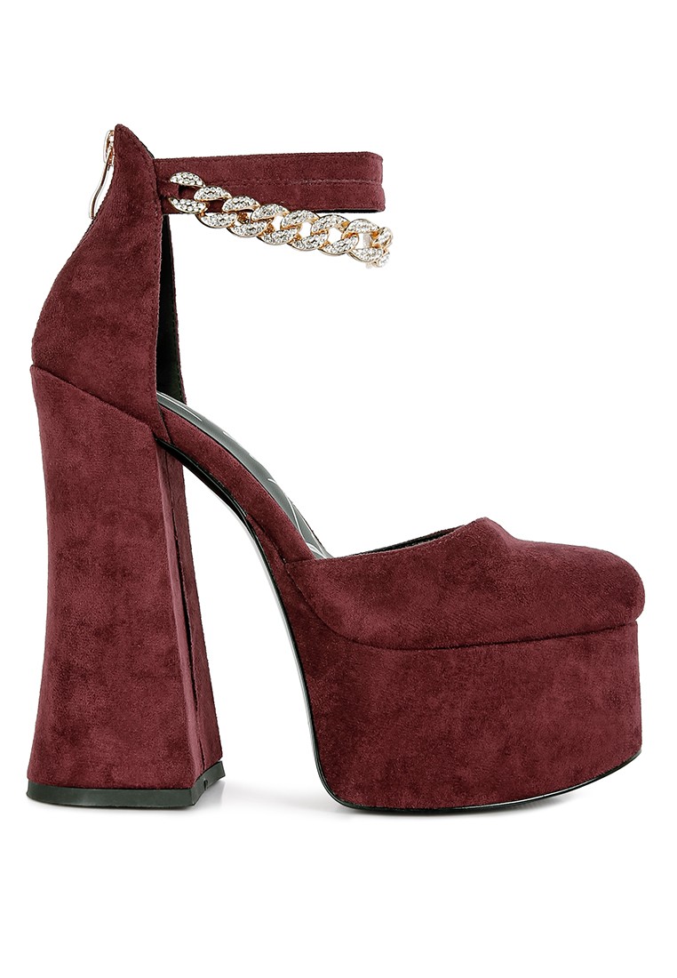 Block Platform Sandal with Metal Chain in Burgundy