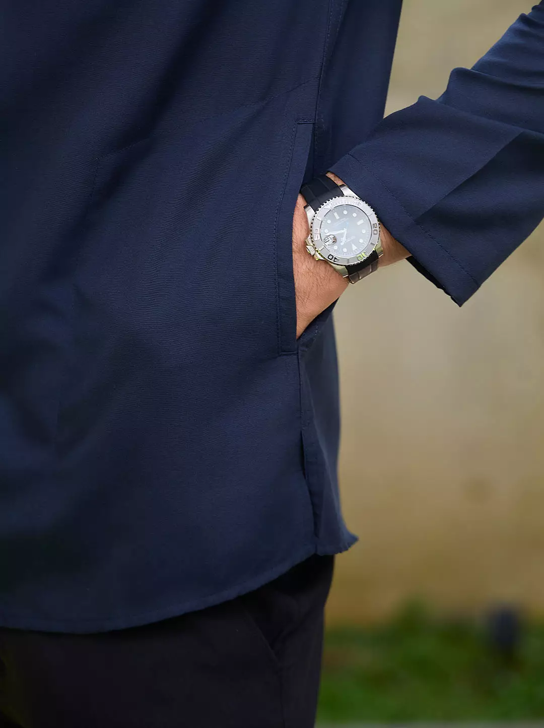 OXCON Kemeja koko Tangan Panjang Collarless Azfar Navy