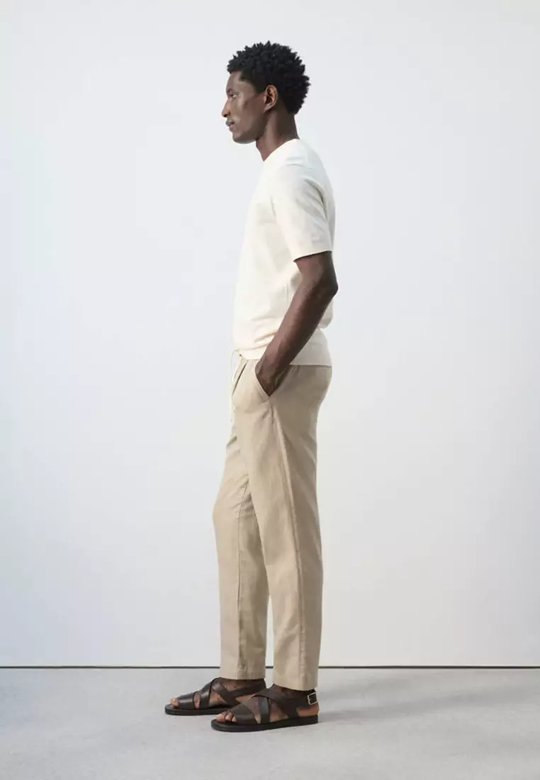 Slim Fit Cropped Linen-Cotton Trousers