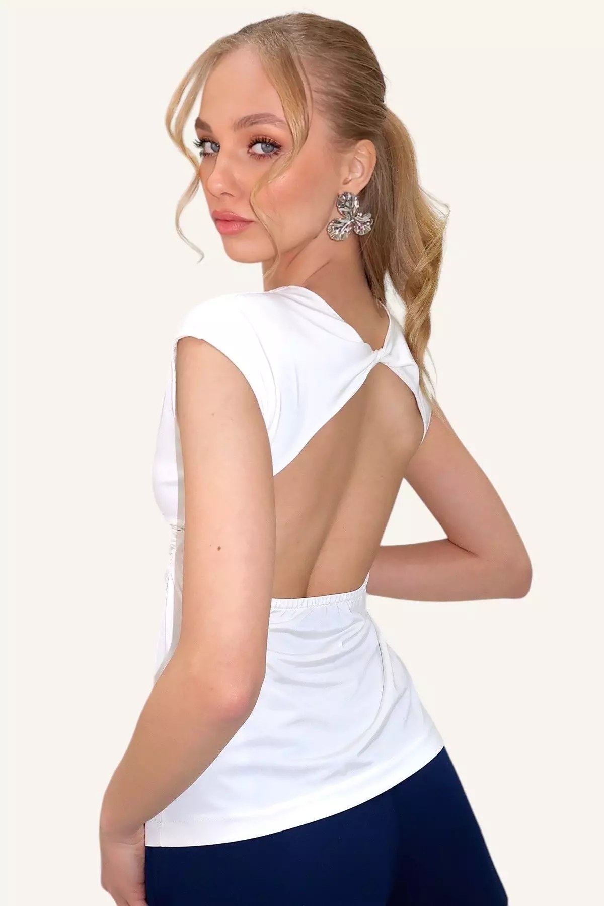 Women's White Crew Neck Back Low-Cut Drawstring Sandy Blouse