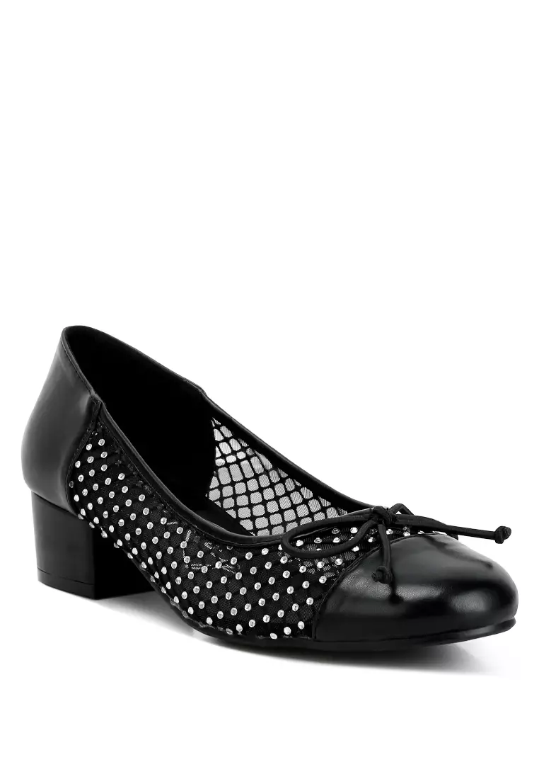 Rhinestone Detail Mesh Ballerinas in Black
