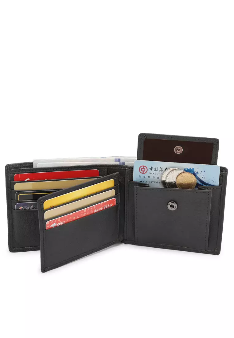 Men's RFID Blocking Tri Fold Wallet with Coin Compartment - Black