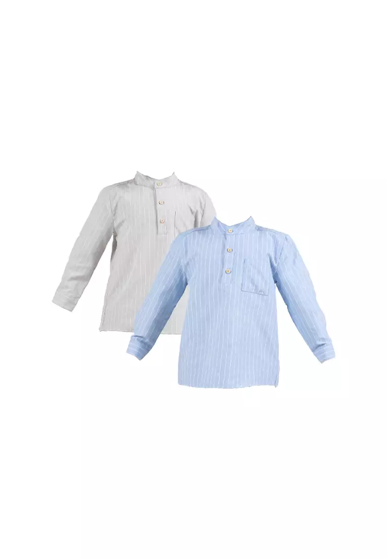 Forest Kids Boys Cotton Striped Long Sleeve Collar Shirt | Baju Kemeja Budak Lelaki Lengan Panjang - FK20262-05LtGrey