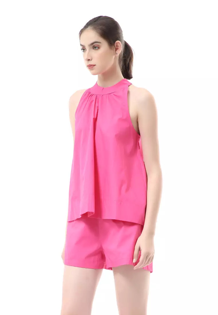 Nayra One Set Setelan Wanita Sleeveless Blouse with Short Pants Plain Motive Material Cotton ORIGINAL - Fuschia